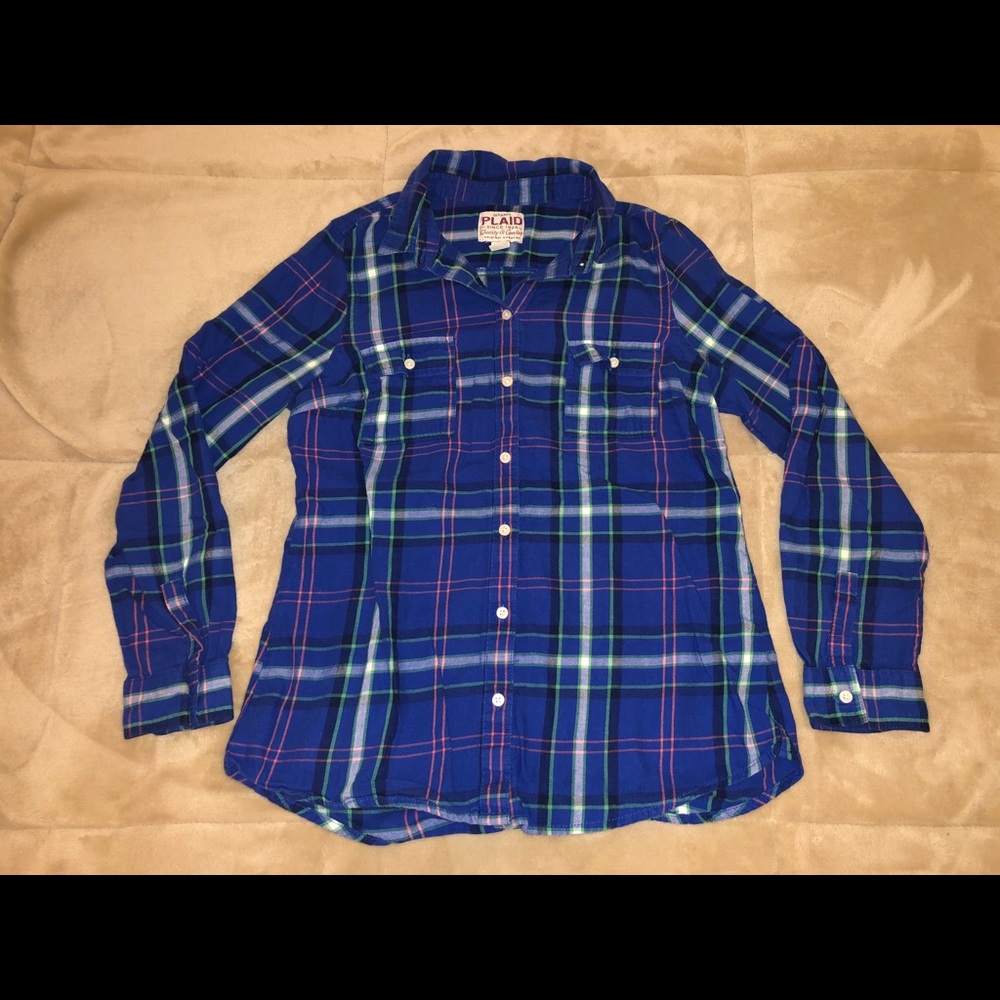 Old Navy Blue Plaid Long Sleeve Button Up Top